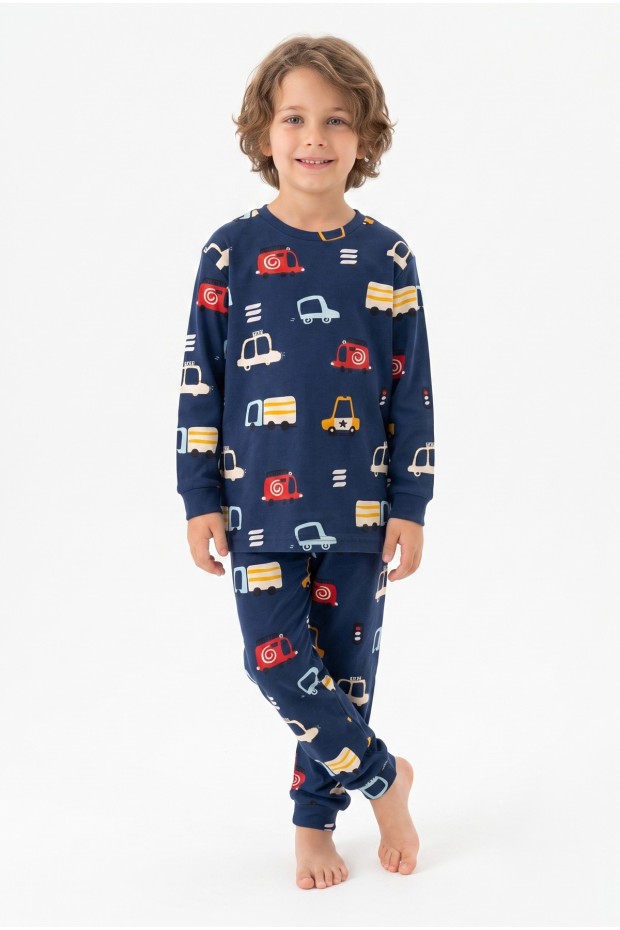 Erkek Çocuk %100 Pamuk Reaktif Boyalı İnterlok Kumaş Araba Baskılı Pijama Takımı 