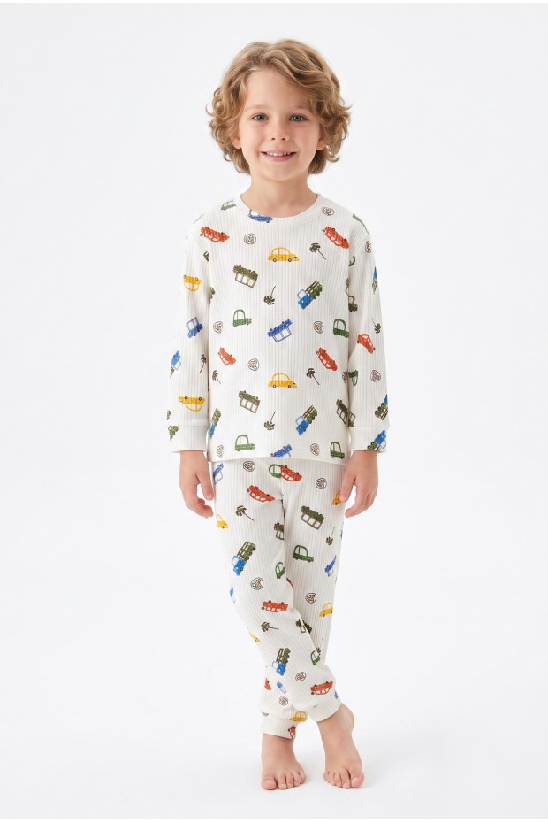 Erkek Çocuk %100 Pamuk Reaktif Boyalı İnterlok Kumaş Eğlenceli Araç Baskılı Pijama Takımı