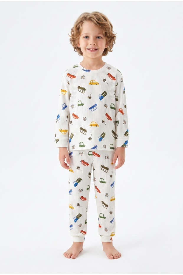 Erkek Çocuk %100 Pamuk Reaktif Boyalı İnterlok Kumaş Eğlenceli Araç Baskılı Pijama Takımı