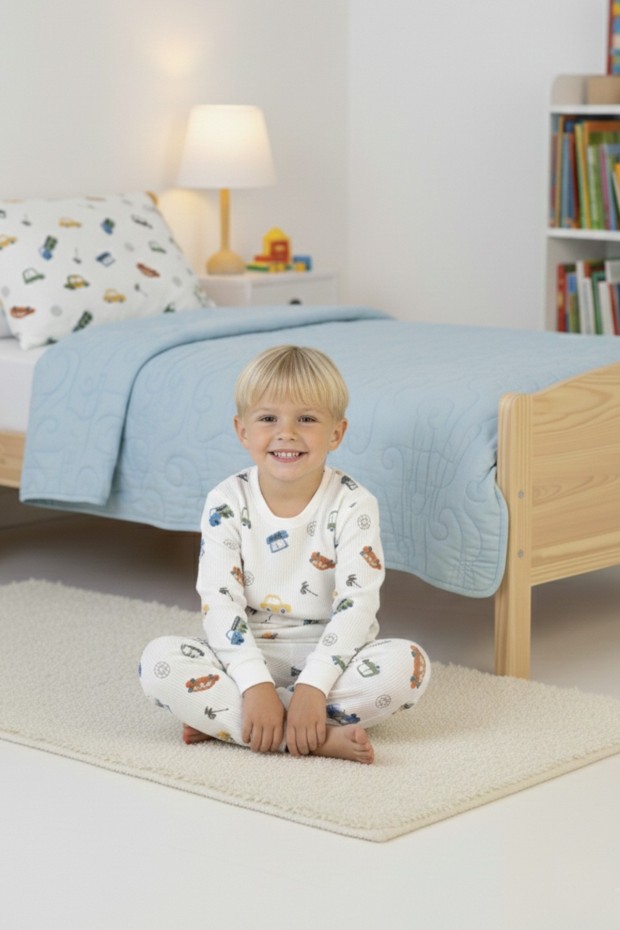 Erkek Çocuk %100 Pamuk Reaktif Boyalı İnterlok Kumaş Eğlenceli Araç Baskılı Pijama Takımı