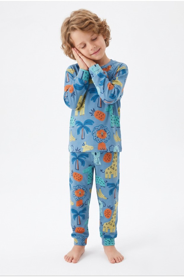 Erkek Çocuk %100 Pamuktan Üretilmiş Eğlenceli Hayvan Desenli Pijama Takımı