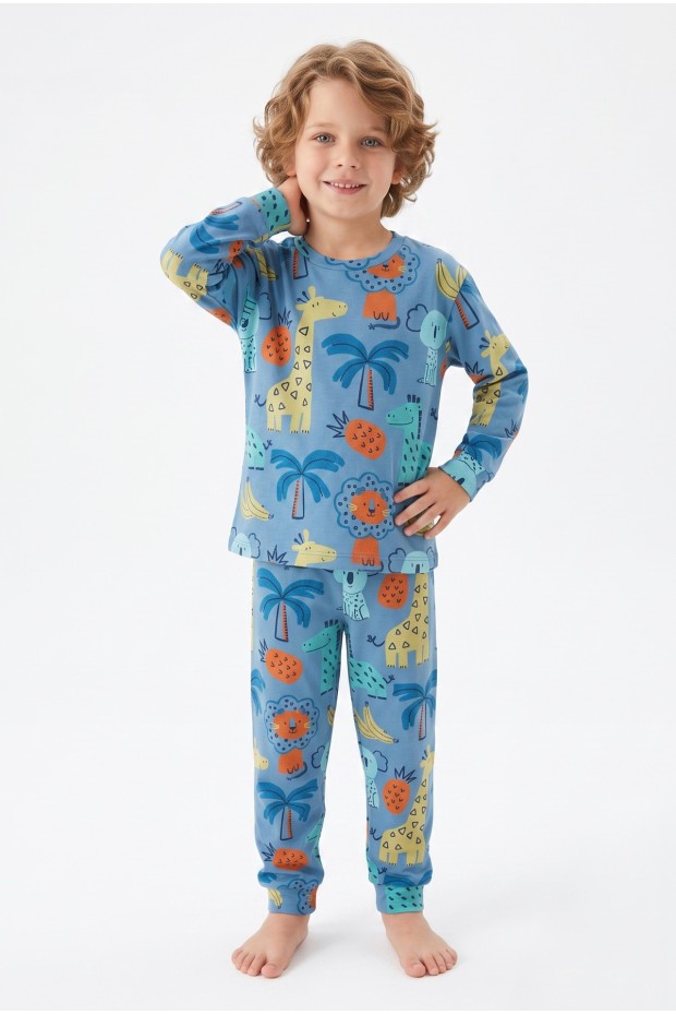 Erkek Çocuk %100 Pamuktan Üretilmiş Eğlenceli Hayvan Desenli Pijama Takımı