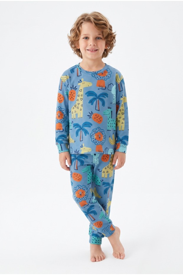 Erkek Çocuk %100 Pamuktan Üretilmiş Eğlenceli Hayvan Desenli Pijama Takımı