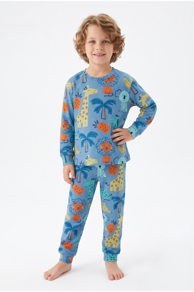 Erkek Çocuk %100 Pamuktan Üretilmiş Eğlenceli Hayvan Desenli Pijama Takımı