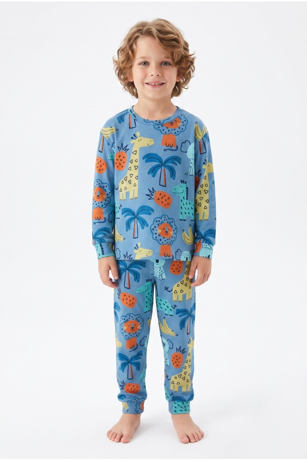 Erkek Çocuk %100 Pamuktan Üretilmiş Eğlenceli Hayvan Desenli Pijama Takımı