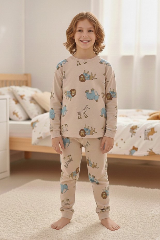 Garson Erkek Çocuk Aslan Ve Fil Desenli %100 Pamuk Reaktif Boyalı İnterlok Kumaş Uzun Kollu Pijama Takımı