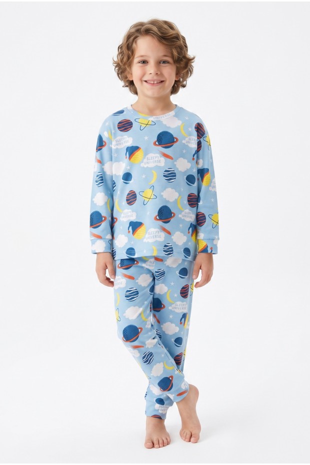 Erkek Çocuk Gezegen Desenli %100 Pamuk Reaktif Boyalı İnterlok Kumaş Uzun Kollu Pijama Takımı 