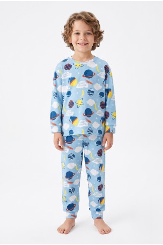 Erkek Çocuk Gezegen Desenli %100 Pamuk Reaktif Boyalı İnterlok Kumaş Uzun Kollu Pijama Takımı 