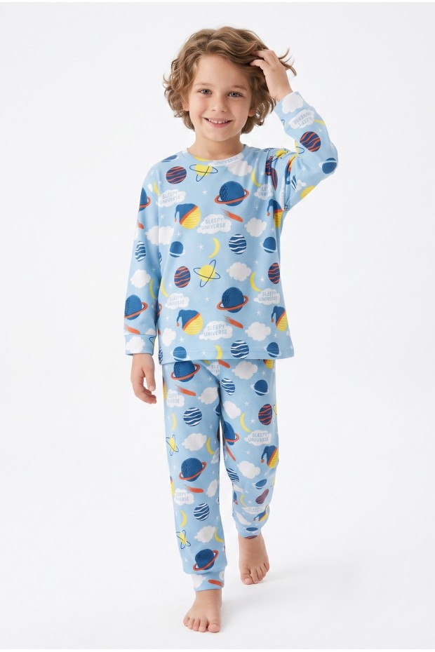 Erkek Çocuk Gezegen Desenli %100 Pamuk Reaktif Boyalı İnterlok Kumaş Uzun Kollu Pijama Takımı 