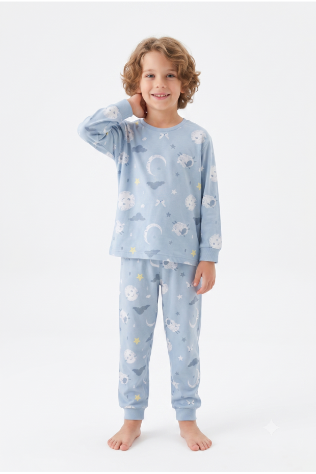 Üniseks Çocuk Ay Ve Yıldız Desenli %100 Pamuk Reaktif Boyalı Süprem Kumaş Uzun Kollu Pijama Takımı