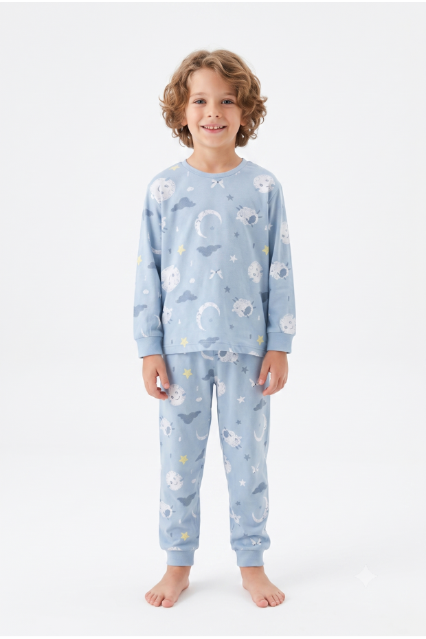 Üniseks Çocuk Ay Ve Yıldız Desenli %100 Pamuk Reaktif Boyalı Süprem Kumaş Uzun Kollu Pijama Takımı