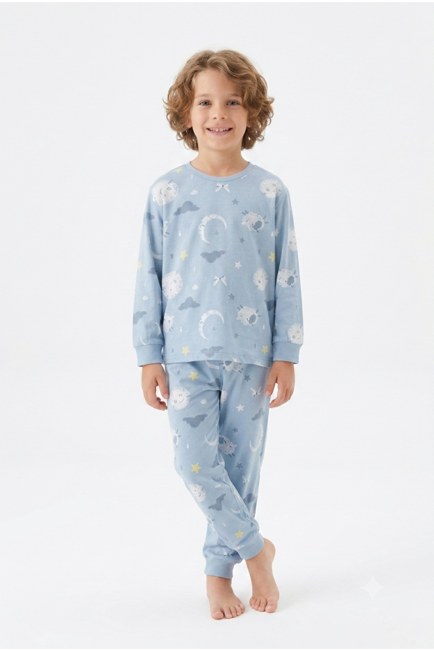 Üniseks Çocuk Ay Ve Yıldız Desenli %100 Pamuk Reaktif Boyalı Süprem Kumaş Uzun Kollu Pijama Takımı
