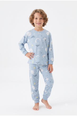 Üniseks Çocuk Ay Ve Yıldız Desenli %100 Pamuk Reaktif Boyalı Süprem Kumaş Uzun Kollu Pijama Takımı