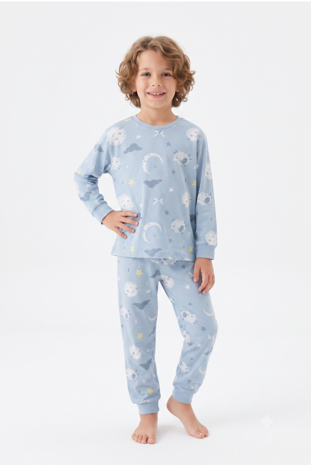 Üniseks Çocuk Ay Ve Yıldız Desenli %100 Pamuk Reaktif Boyalı Süprem Kumaş Uzun Kollu Pijama Takımı