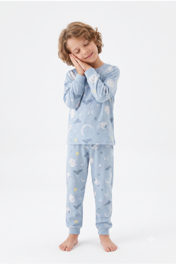 Üniseks Çocuk Ay Ve Yıldız Desenli %100 Pamuk Reaktif Boyalı Süprem Kumaş Uzun Kollu Pijama Takımı