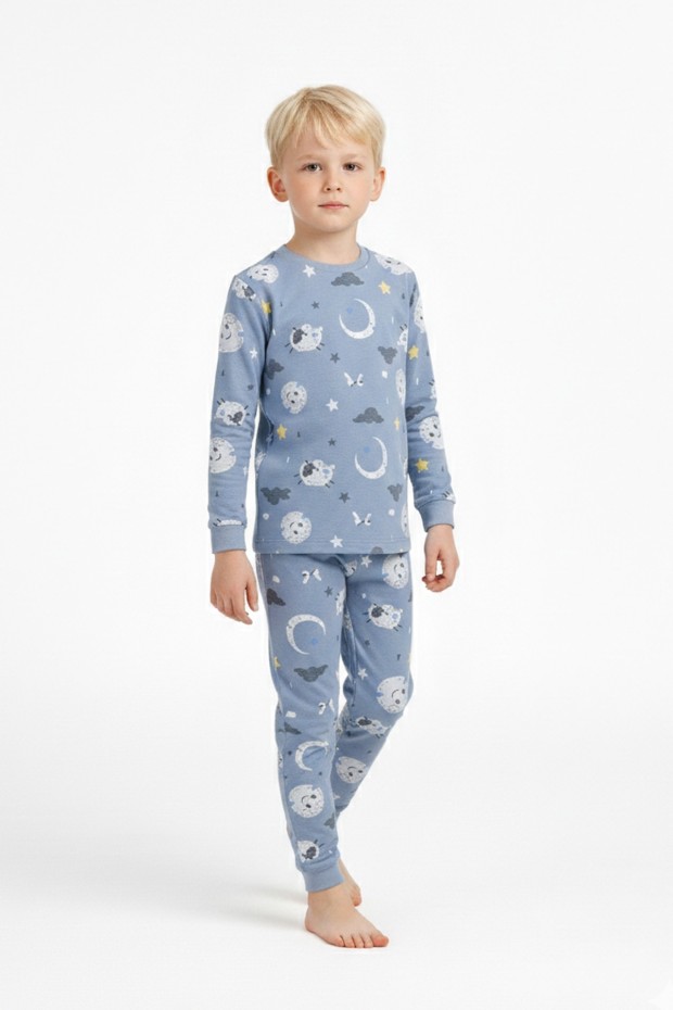 Üniseks Çocuk Ay Ve Yıldız Desenli %100 Pamuk Reaktif Boyalı Süprem Kumaş Uzun Kollu Pijama Takımı