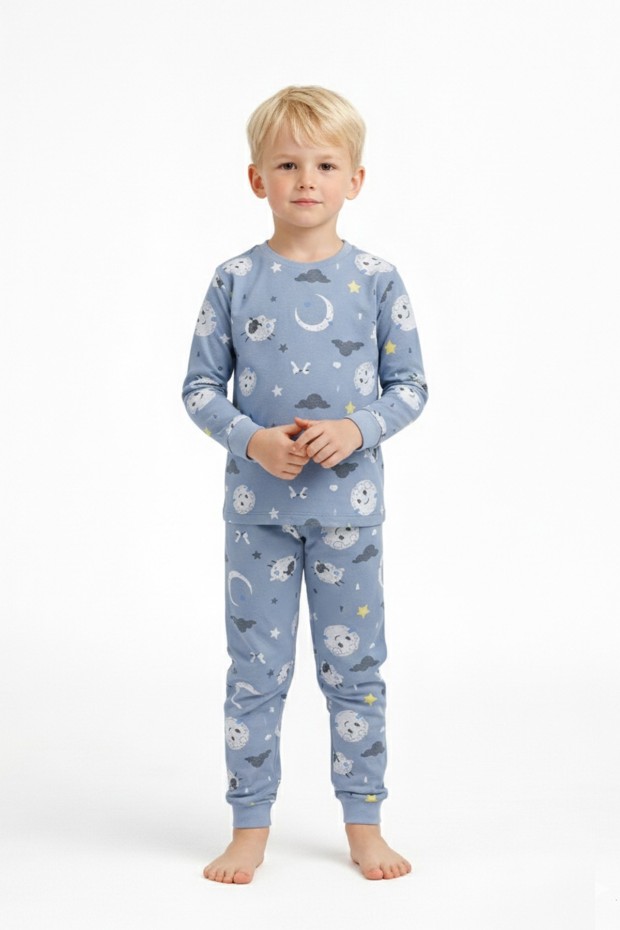 Üniseks Çocuk Ay Ve Yıldız Desenli %100 Pamuk Reaktif Boyalı Süprem Kumaş Uzun Kollu Pijama Takımı