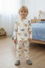 Erkek Çocuk Safari Hayvan Desenli %100 Pamuk Reaktif Boyalı İnterlok Kumaş Uzun Kollu Pijama Takımı