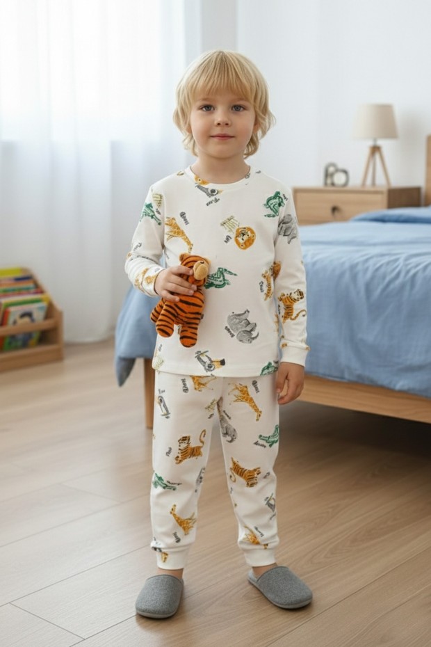 Erkek Çocuk Safari Hayvan Desenli %100 Pamuk Reaktif Boyalı İnterlok Kumaş Uzun Kollu Pijama Takımı