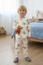 Erkek Çocuk Safari Hayvan Desenli %100 Pamuk Reaktif Boyalı İnterlok Kumaş Uzun Kollu Pijama Takımı