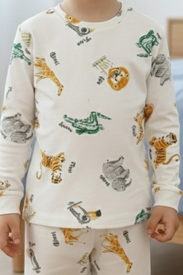 Erkek Çocuk Safari Hayvan Desenli %100 Pamuk Reaktif Boyalı İnterlok Kumaş Uzun Kollu Pijama Takımı