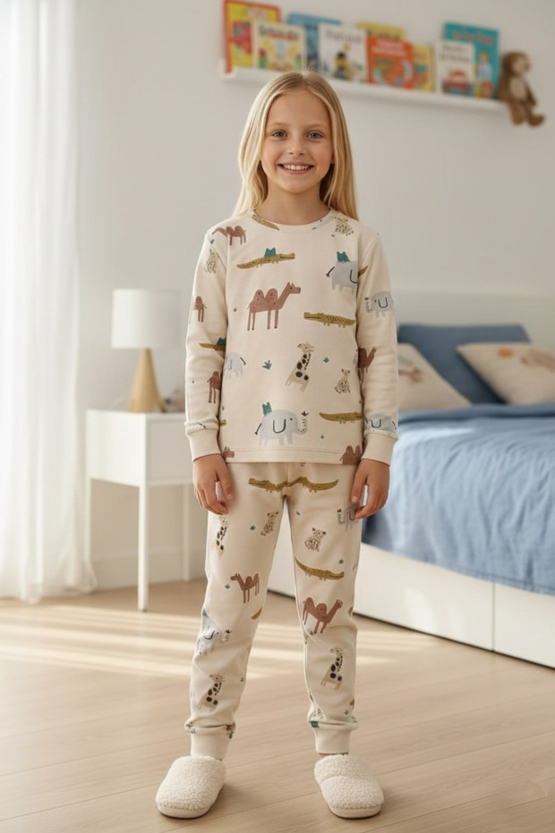 Garson Uniseks Çocuk Safari Hayvanları Desenli %100 Pamuk Reaktif Boyalı İnterlok Kumaş Uzun Kollu Pijama Takımı