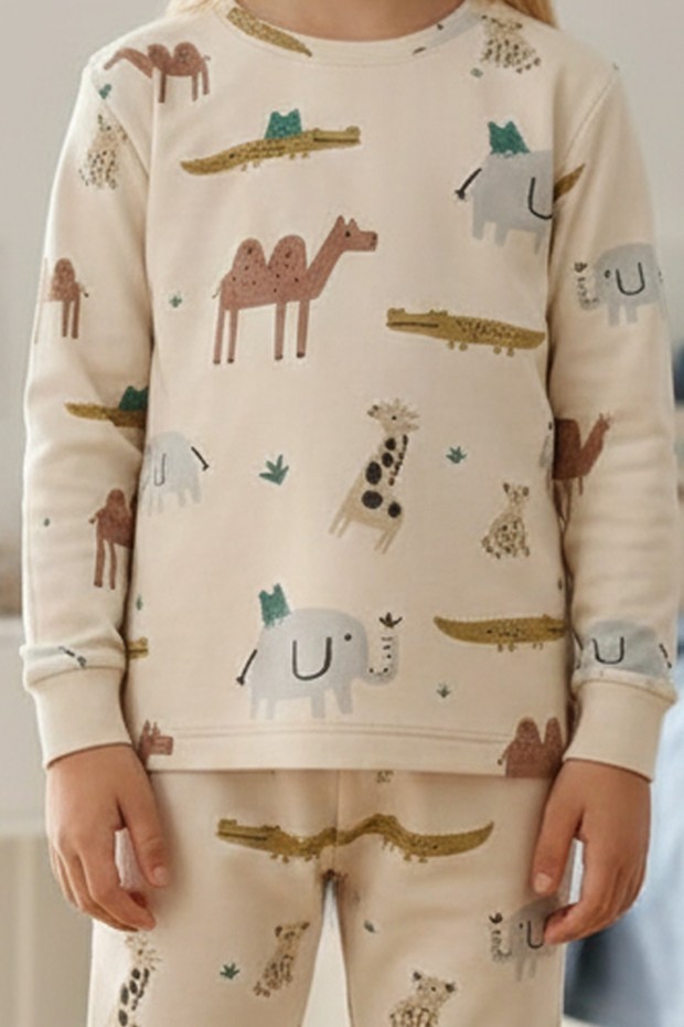 Garson Uniseks Çocuk Safari Hayvanları Desenli %100 Pamuk Reaktif Boyalı İnterlok Kumaş Uzun Kollu Pijama Takımı