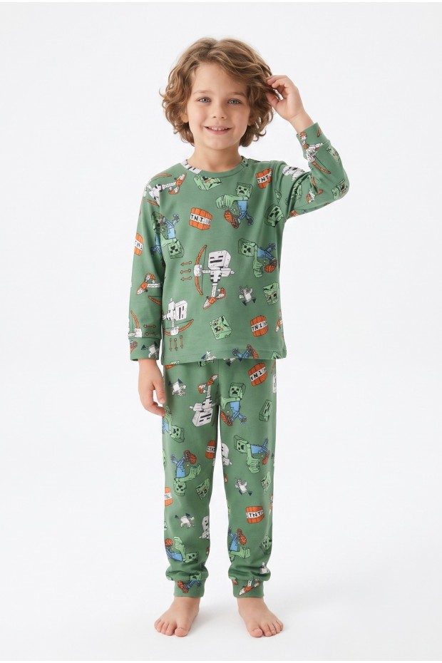Erkek Çocuk Desenli %100 Pamuk Reaktif Boyalı İnterlok Kumaş Uzun Kollu Pijama Takımı
