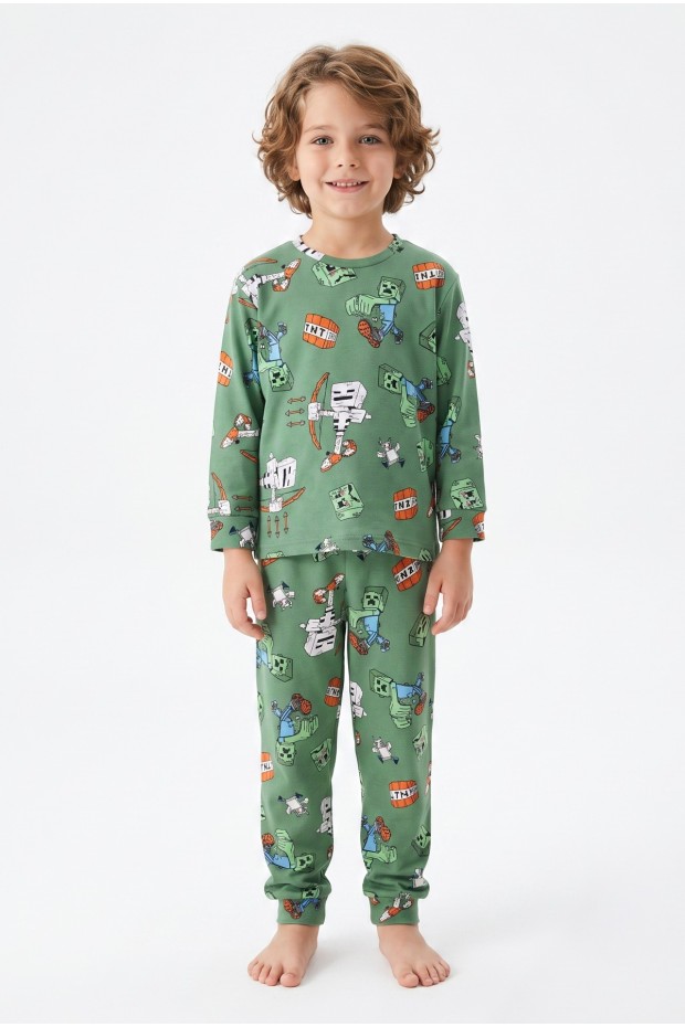 Erkek Çocuk Desenli %100 Pamuk Reaktif Boyalı İnterlok Kumaş Uzun Kollu Pijama Takımı
