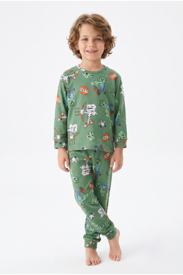 Erkek Çocuk Desenli %100 Pamuk Reaktif Boyalı İnterlok Kumaş Uzun Kollu Pijama Takımı