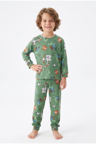 Erkek Çocuk Desenli %100 Pamuk Reaktif Boyalı İnterlok Kumaş Uzun Kollu Pijama Takımı