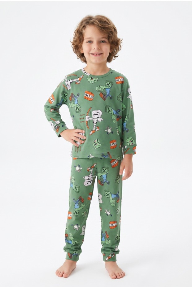 Erkek Çocuk Desenli %100 Pamuk Reaktif Boyalı İnterlok Kumaş Uzun Kollu Pijama Takımı