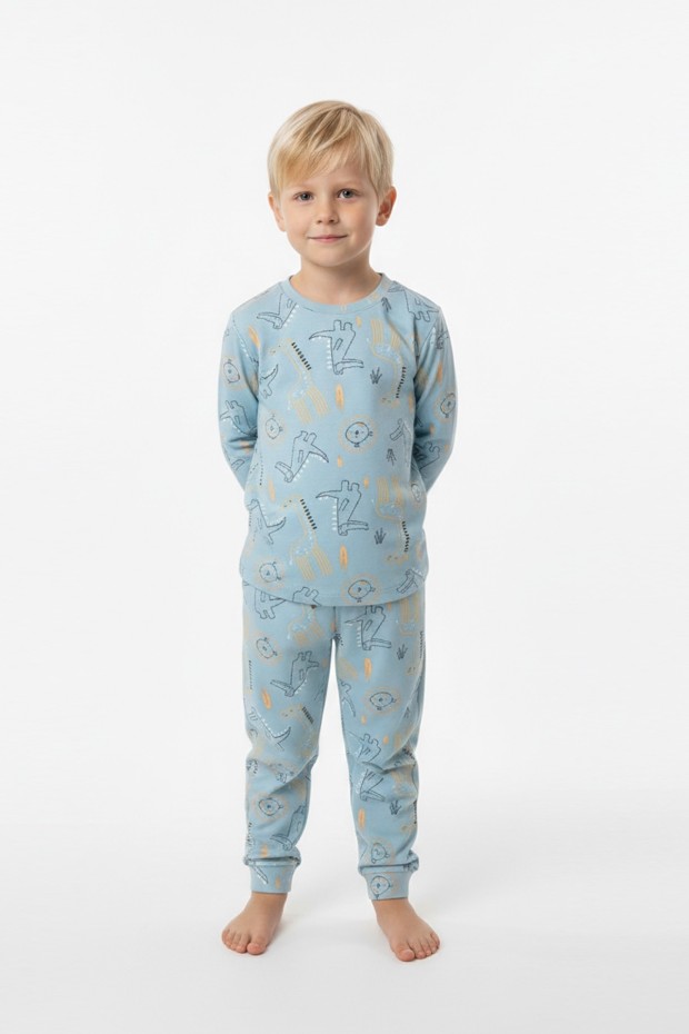 Erkek Çocuk Aslan Ve Timsah Baskılı %100 Pamuk İnterlok Kumaş Uzun Kollu Pijama Takımı