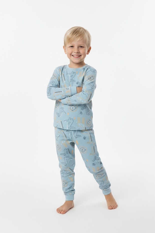 Erkek Çocuk Aslan Ve Timsah Baskılı %100 Pamuk İnterlok Kumaş Uzun Kollu Pijama Takımı