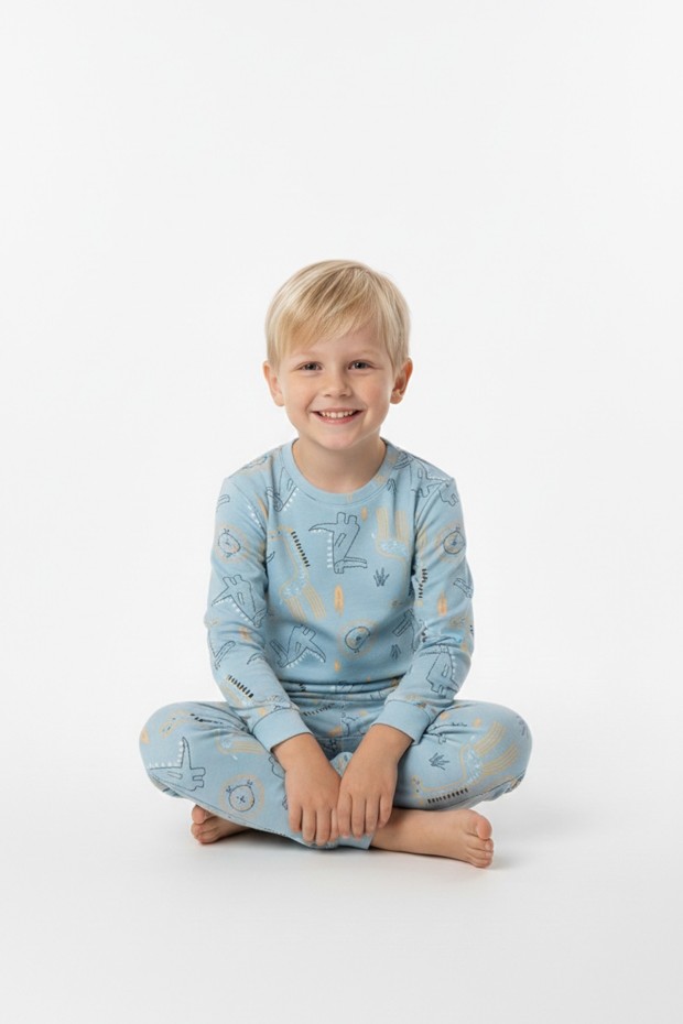 Erkek Çocuk Aslan Ve Timsah Baskılı %100 Pamuk İnterlok Kumaş Uzun Kollu Pijama Takımı