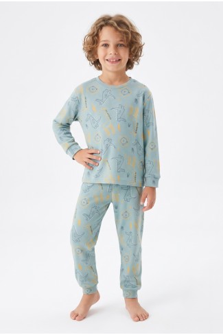 Erkek Çocuk Aslan Ve Timsah Baskılı %100 Pamuk İnterlok Kumaş Uzun Kollu Pijama Takımı