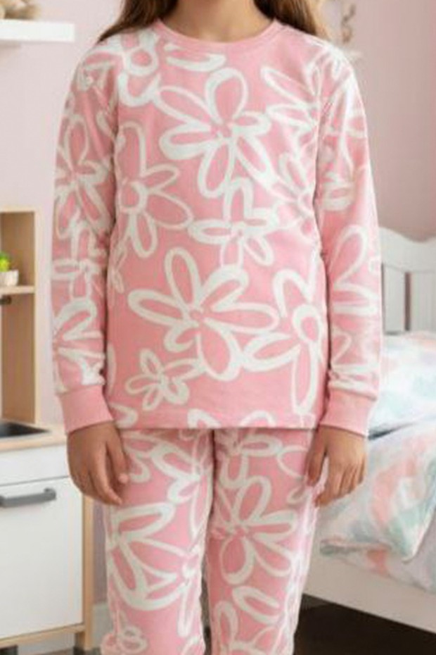 Garson Kız Çocuk Büyük Çiçek Desenli %100 Pamuk Reaktif Boyalı Süprem Kumaş Uzun Kollu Pijama Takımı