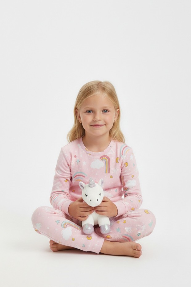 Kız Çocuk Gökkuşağı Baskılı %100 Pamuk İnterlok Kumaş Uzun Kollu Pijama Takımı