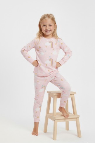 Kız Çocuk Gökkuşağı Baskılı %100 Pamuk İnterlok Kumaş Uzun Kollu Pijama Takımı