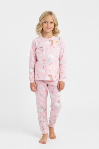 Garson Kız Çocuk Gökkuşağı Baskılı %100 Pamuk İnterlok Kumaş Uzun Kollu Pijama Takımı