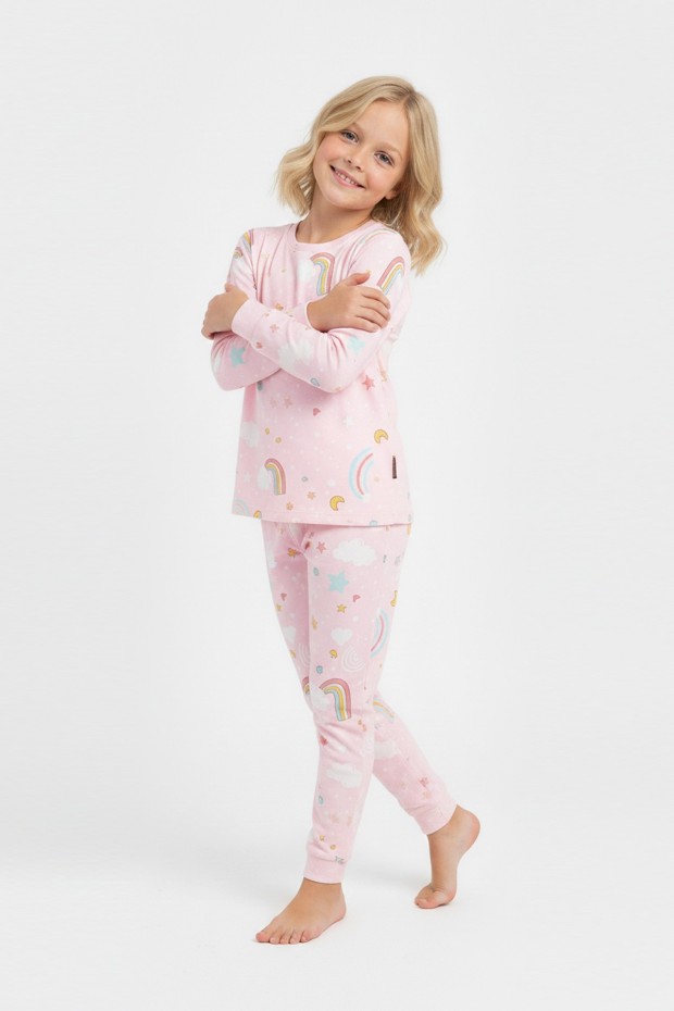 Garson Kız Çocuk Gökkuşağı Baskılı %100 Pamuk İnterlok Kumaş Uzun Kollu Pijama Takımı