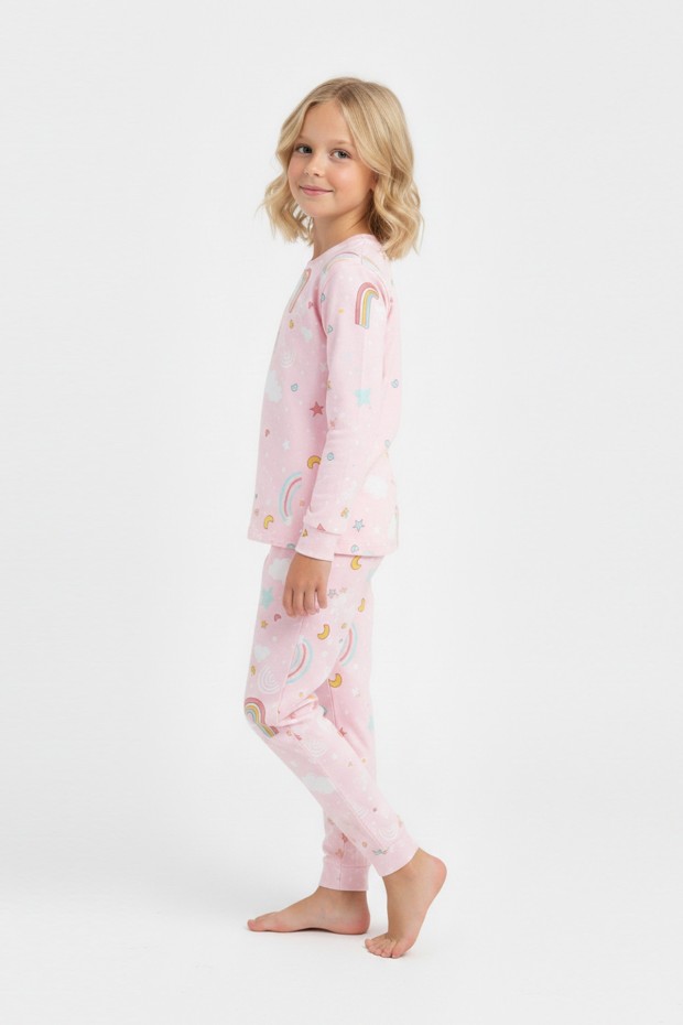 Garson Kız Çocuk Gökkuşağı Baskılı %100 Pamuk İnterlok Kumaş Uzun Kollu Pijama Takımı