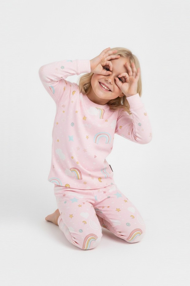 Garson Kız Çocuk Gökkuşağı Baskılı %100 Pamuk İnterlok Kumaş Uzun Kollu Pijama Takımı