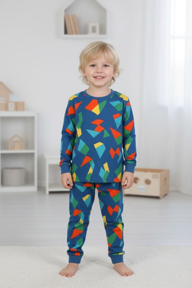 Erkek Çocuk Geometrik Desen %100 Pamuk Reaktif Boyalı Süprem Kumaş Uzun Kollu Pijama Takımı