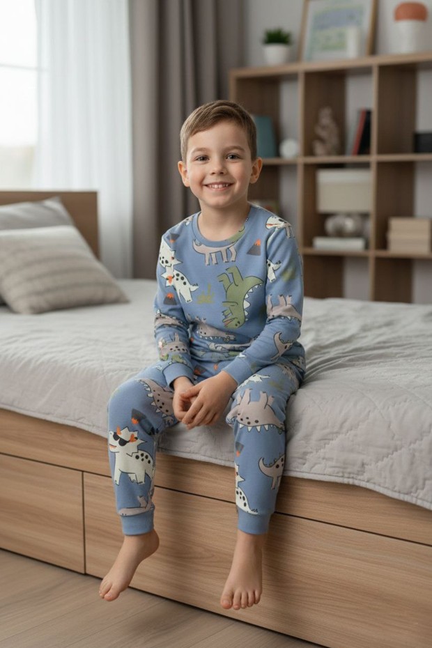 Erkek Çocuk Dinozor Desenli %100 Pamuk Reaktif Boyalı İnterlok Kumaş Uzun Kollu Pijama Takımı 