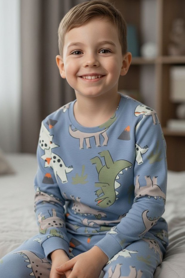Erkek Çocuk Dinozor Desenli %100 Pamuk Reaktif Boyalı İnterlok Kumaş Uzun Kollu Pijama Takımı 