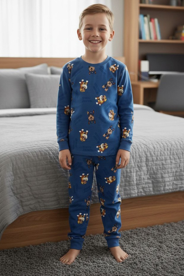 Erkek Çocuk Köpek Baskılı %100 Pamuk Reaktif Boyalı İnterlok  Kumaş Uzun Kollu Pijama Takımı 