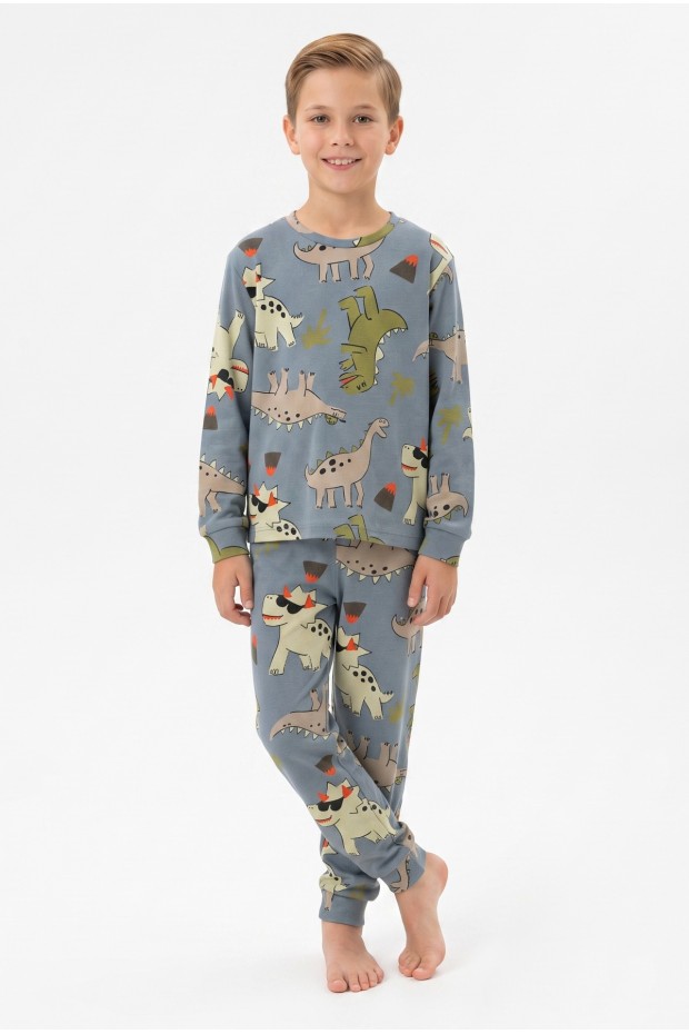 Garson Erkek Çocuk Dinozor Desenli %100 Pamuk Reaktif Boyama İnterlok Kumaş Uzun Kollu Pijama Takımı