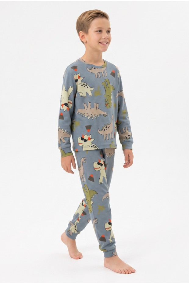 Garson Erkek Çocuk Dinozor Desenli %100 Pamuk Reaktif Boyama İnterlok Kumaş Uzun Kollu Pijama Takımı