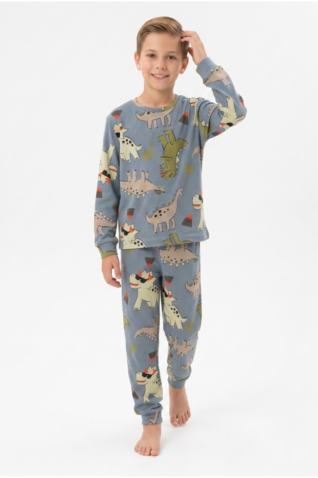 Garson Erkek Çocuk Dinozor Desenli %100 Pamuk Reaktif Boyama İnterlok Kumaş Uzun Kollu Pijama Takımı